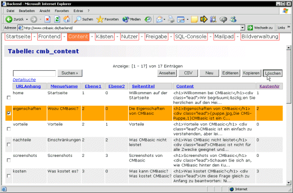 Mit dieser Tabelle können Sie Datensätze löschen